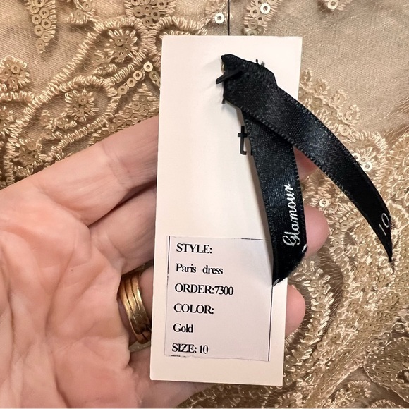 TFNC Paris Dress gold sequin sheer fully lined party mini dress size size 10 - Picture 5 of 15